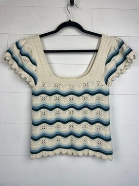 Jessica Simpson Blue Wavy Chevron Stripe Crochet Top Boho Cottagecore L